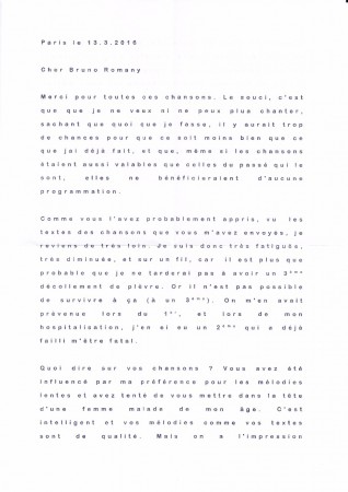 13 mars 2016 : La lettre de Françoise Hardy - recto